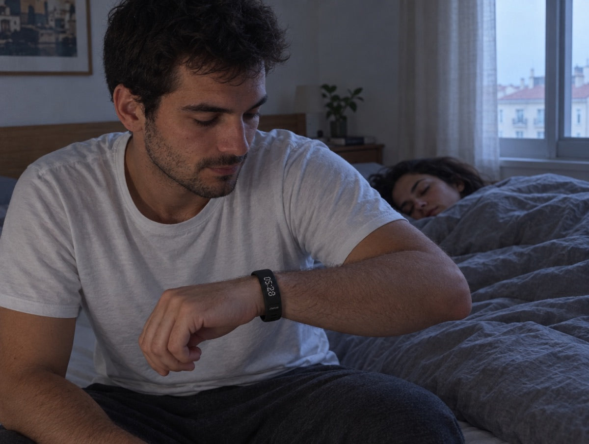 De manhã cedo, ele sentado na cama a olhar para o alarme de pulso; ela continua a dormir.