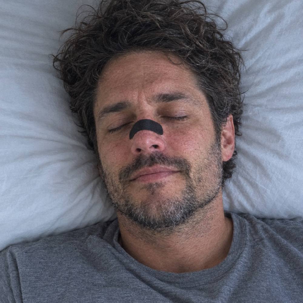 De madrugada, ele a dormir de barriga para cima com a fita ainda colada no nariz.
