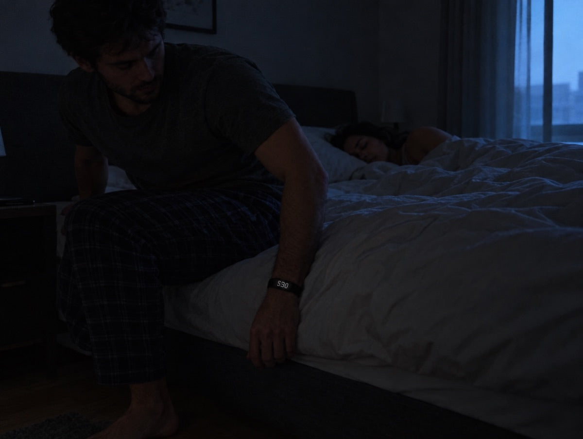 Às 5h30, ele a levantar-se da cama devagar; ela continua a dormir.